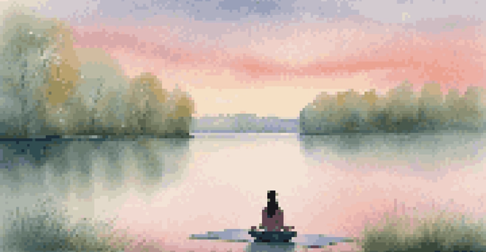 A person meditating on a yoga mat by a tranquil lakeside at sunrise, with mist over the water and colorful skies.