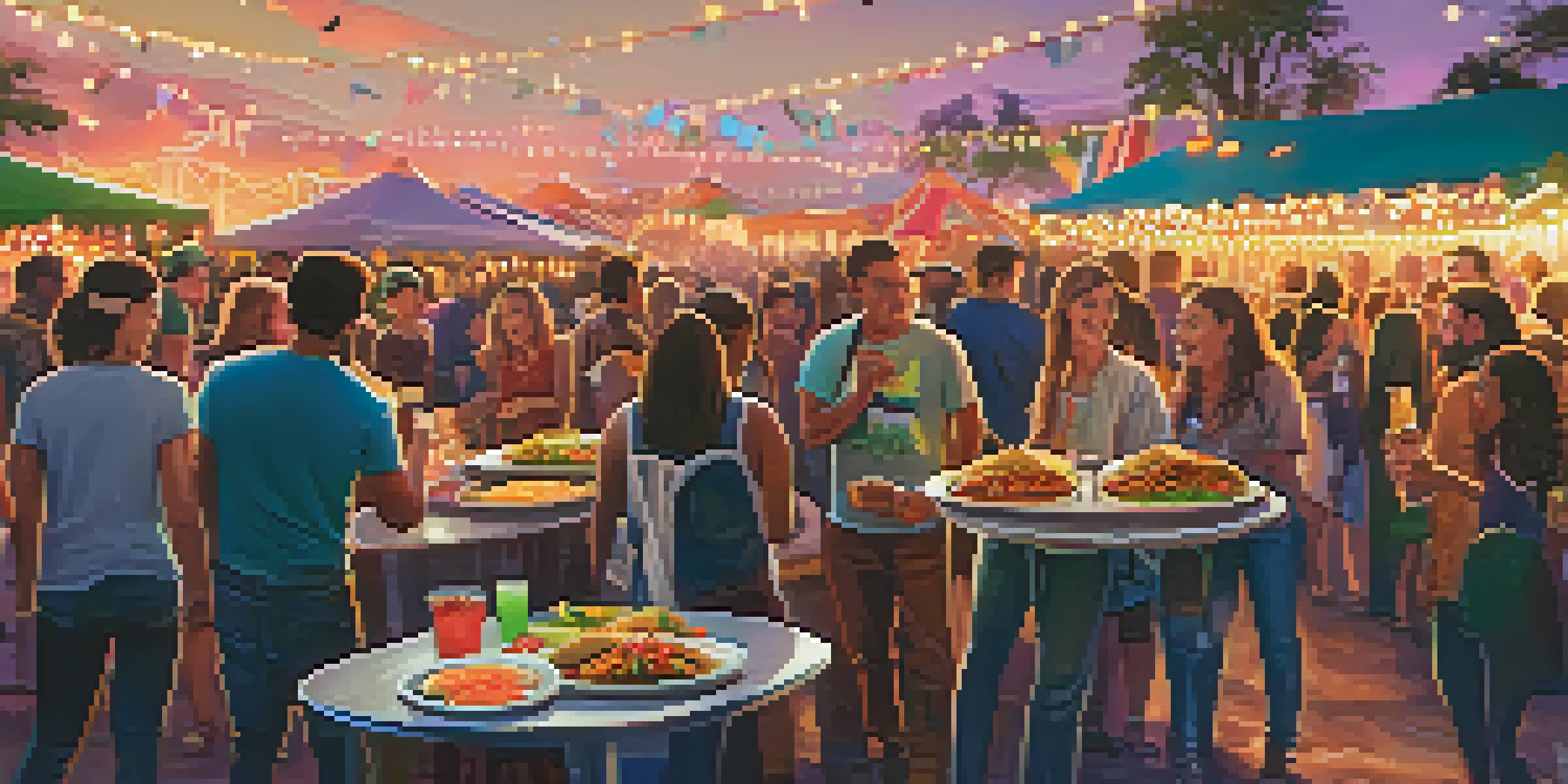 A lively music festival with friends sharing gourmet tacos in front of a stage, illuminated by sunset and festive lights.
