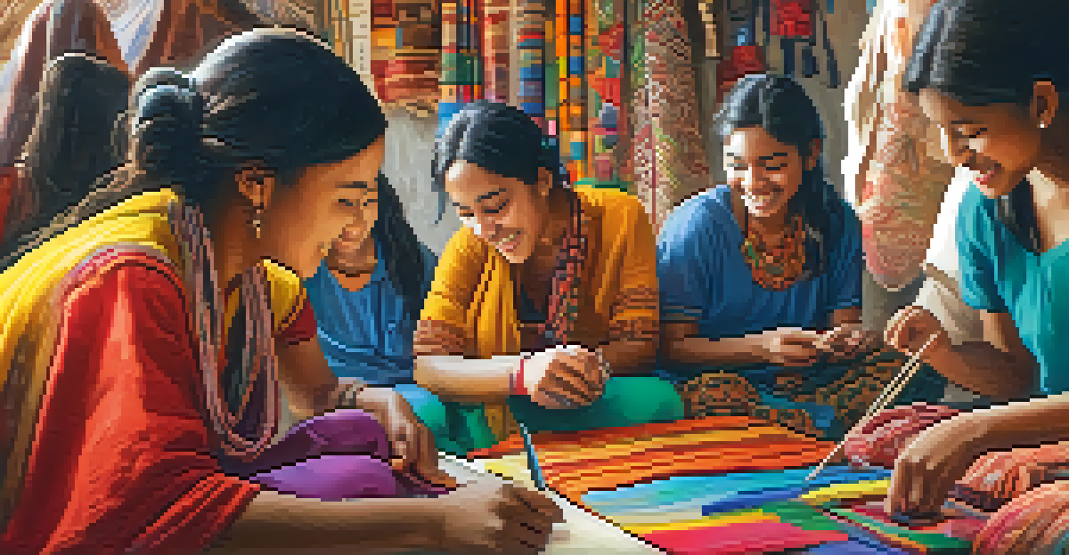 Students engaged in a traditional craft workshop, collaborating with local artisans in a colorful environment.