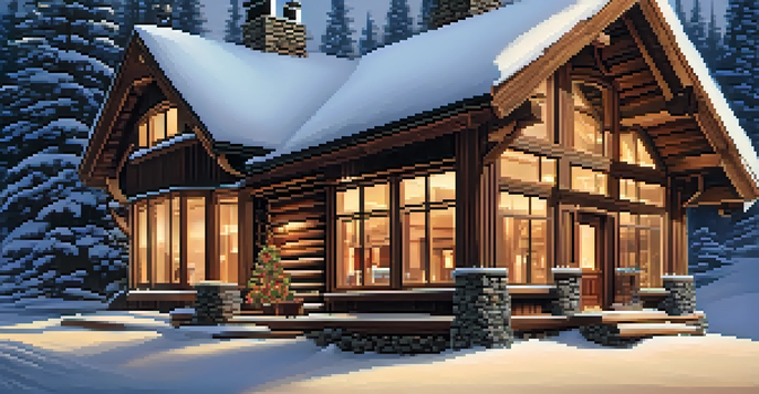 A couple relaxing in a warm lodge by the fireplace, surrounded by snow-covered trees outside.