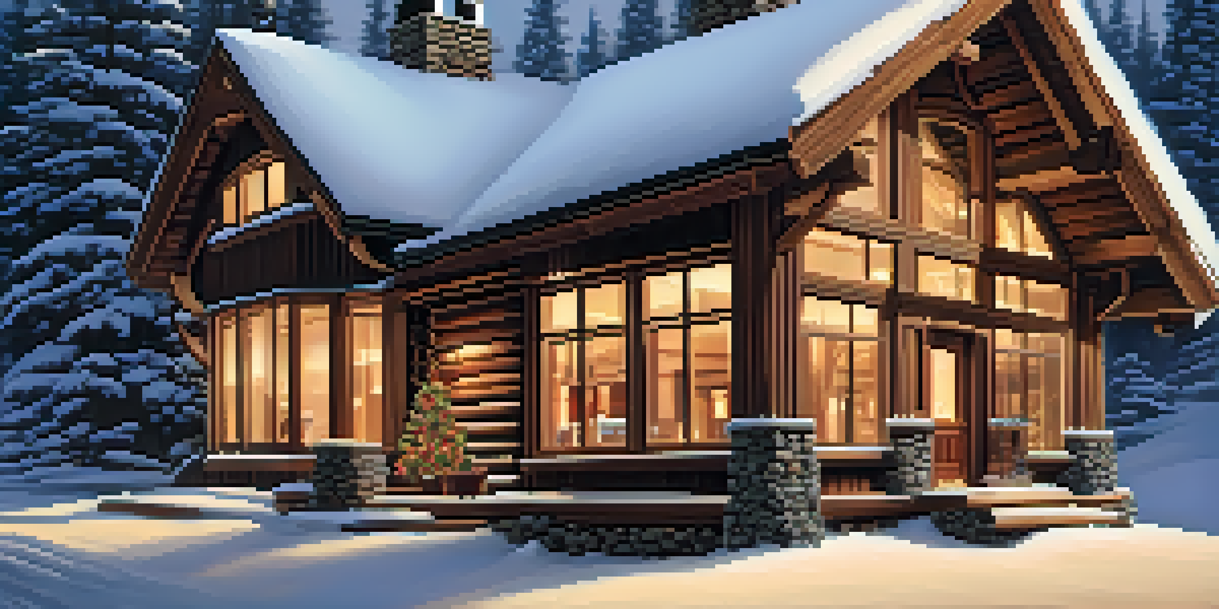 A couple relaxing in a warm lodge by the fireplace, surrounded by snow-covered trees outside.