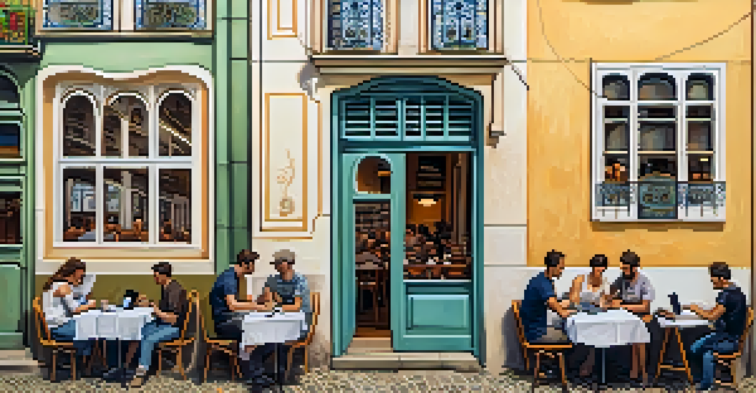 A lively cafe in Lisbon filled with remote workers, showcasing vintage decor, large windows, and a pastel de nata next to a laptop.