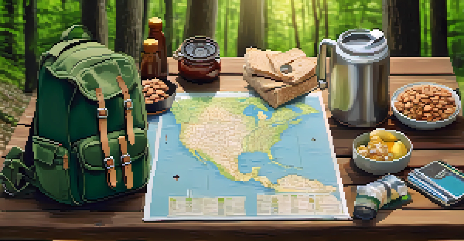 A close-up of an organized outdoor backpack with essential gear and snacks, set on a picnic table in a green forest.