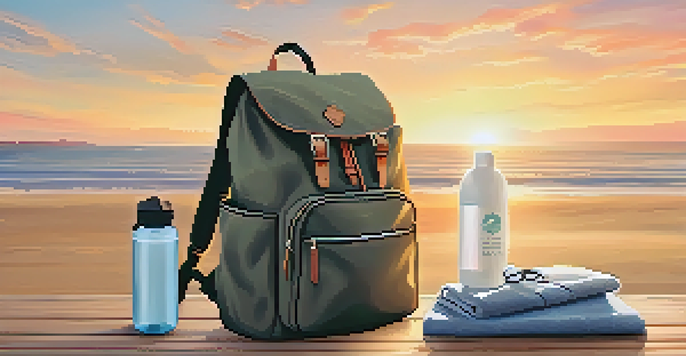 A lightweight backpack on a wooden table with a sunset beach background, showcasing neatly packed clothing and eco-friendly items.