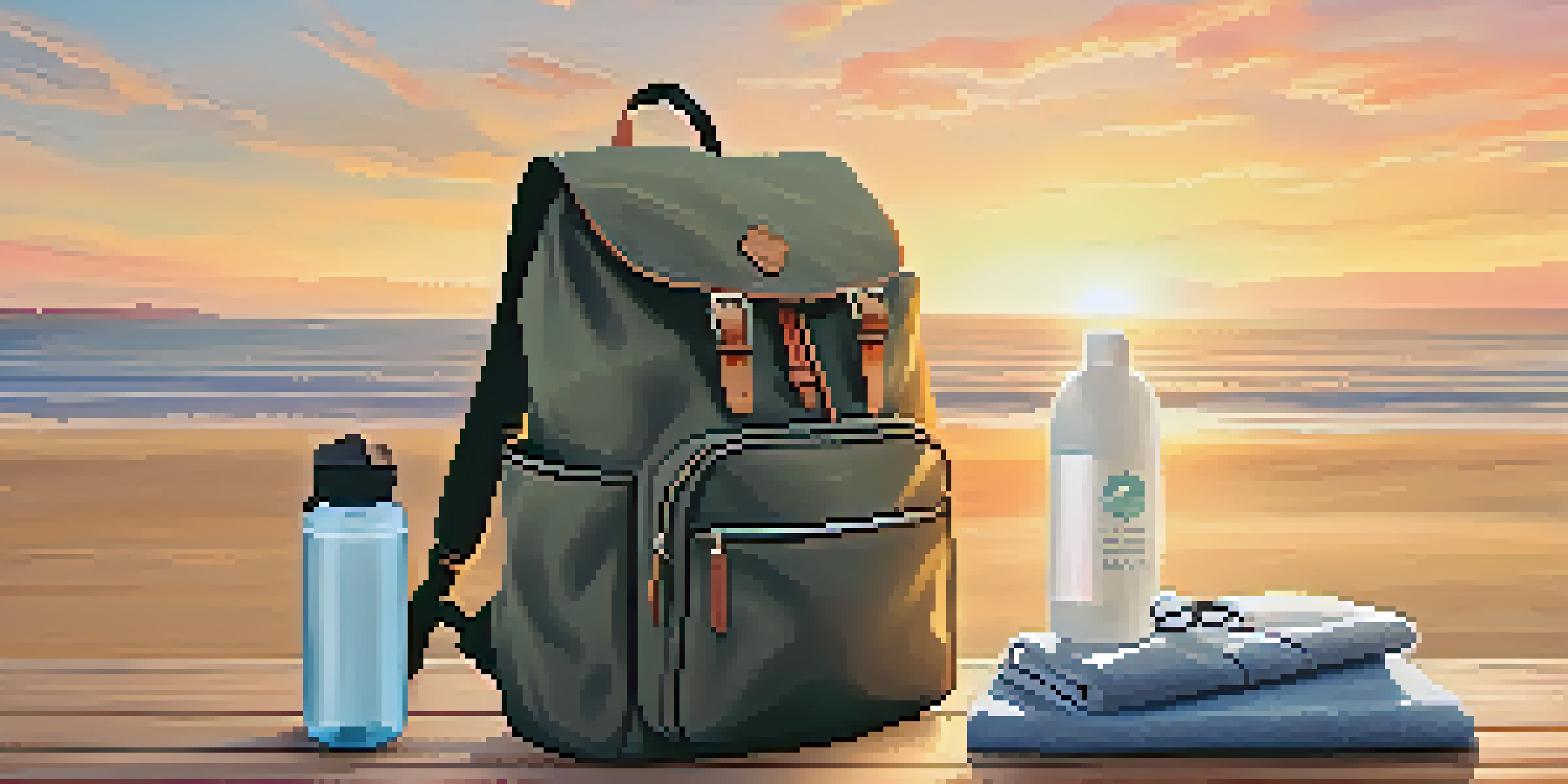 A lightweight backpack on a wooden table with a sunset beach background, showcasing neatly packed clothing and eco-friendly items.