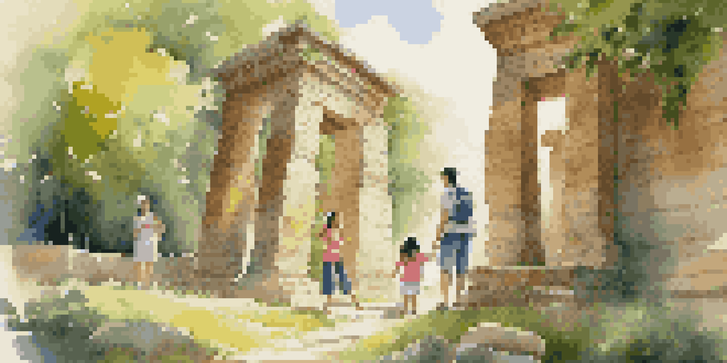 A family with children exploring an ancient stone structure, surrounded by greenery and sunlight.