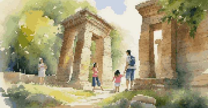 A family with children exploring an ancient stone structure, surrounded by greenery and sunlight.