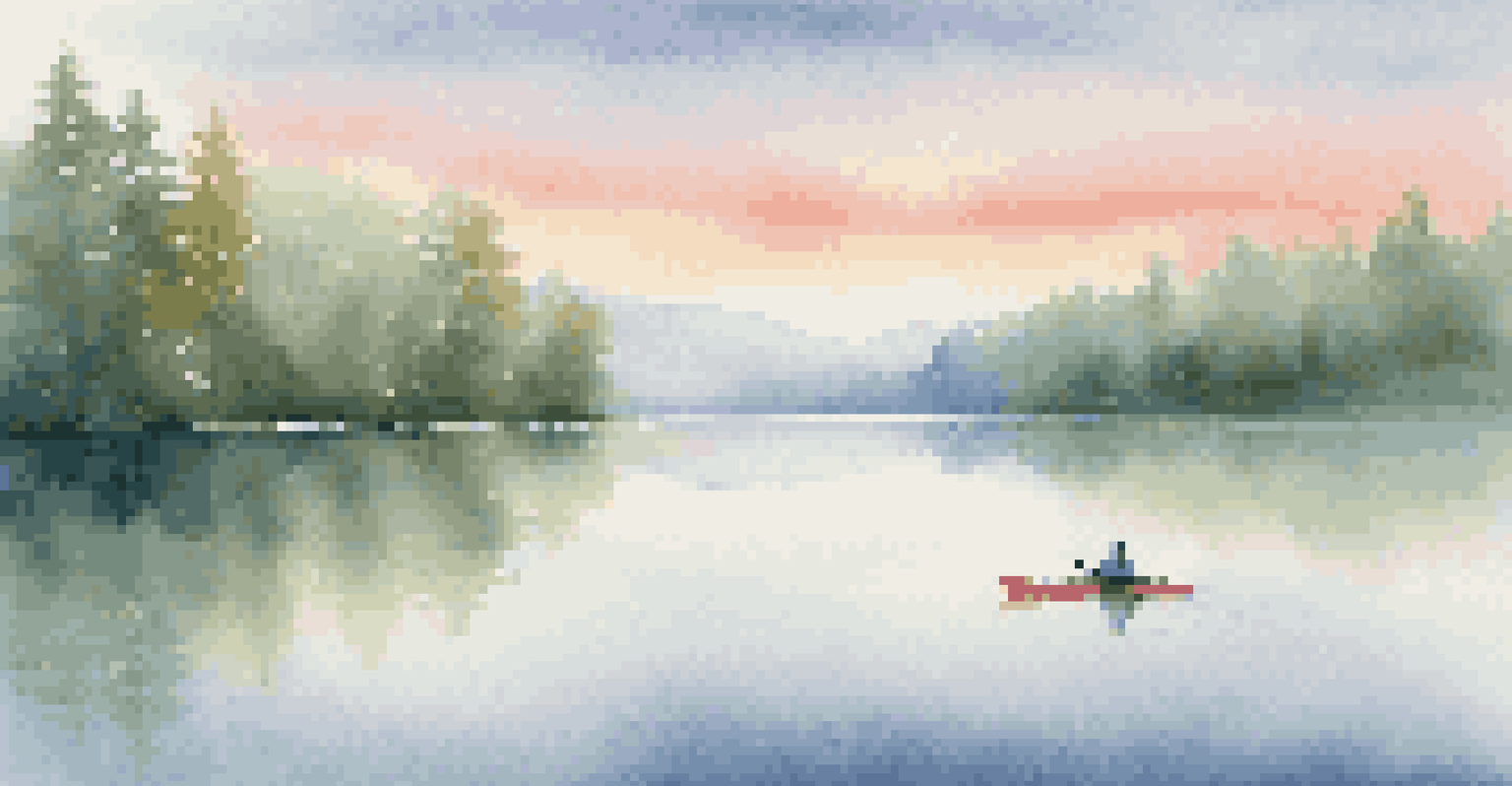 A calm lake at sunrise, surrounded by trees and mountains, with a kayaker peacefully paddling across the water.