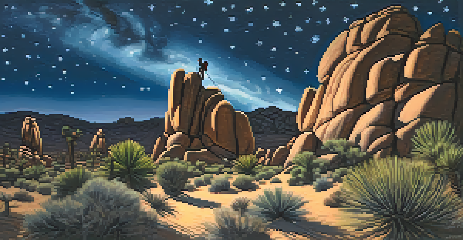 A climber at Joshua Tree National Park climbing under a starry night sky, with illuminated rocks and Joshua trees.