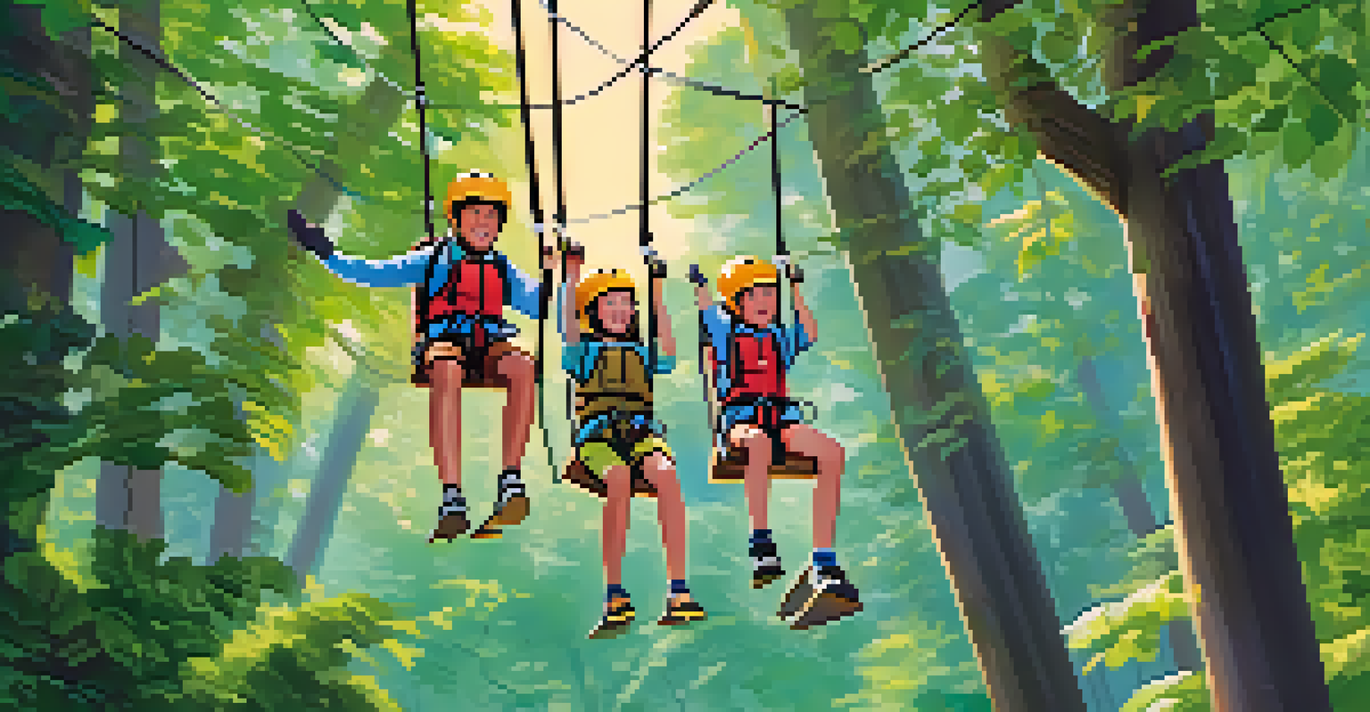 A family zip-lining through a forest, showing excitement and teamwork amidst lush greenery.