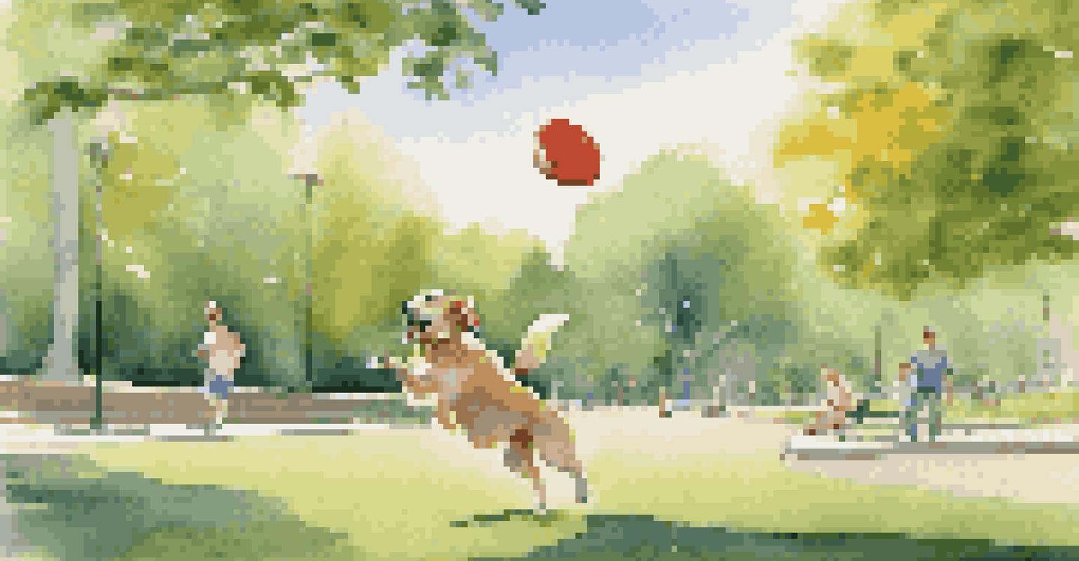 A dog catching a frisbee in a park, with trees and a blue sky in the background, while a family enjoys the moment.