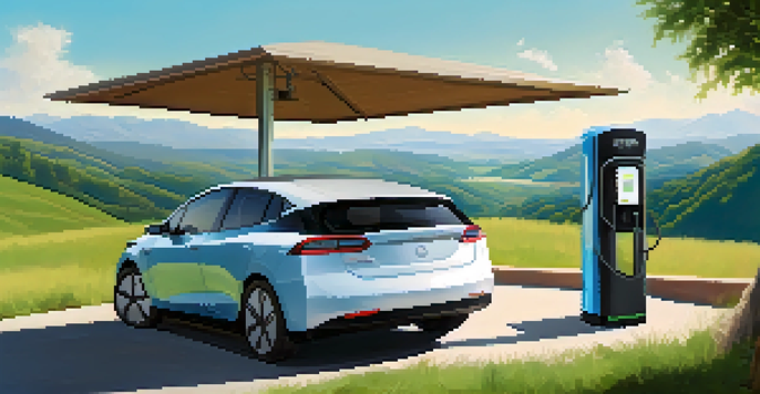 An electric vehicle parked at a scenic overlook with greenery and hills, showcasing a charging station.