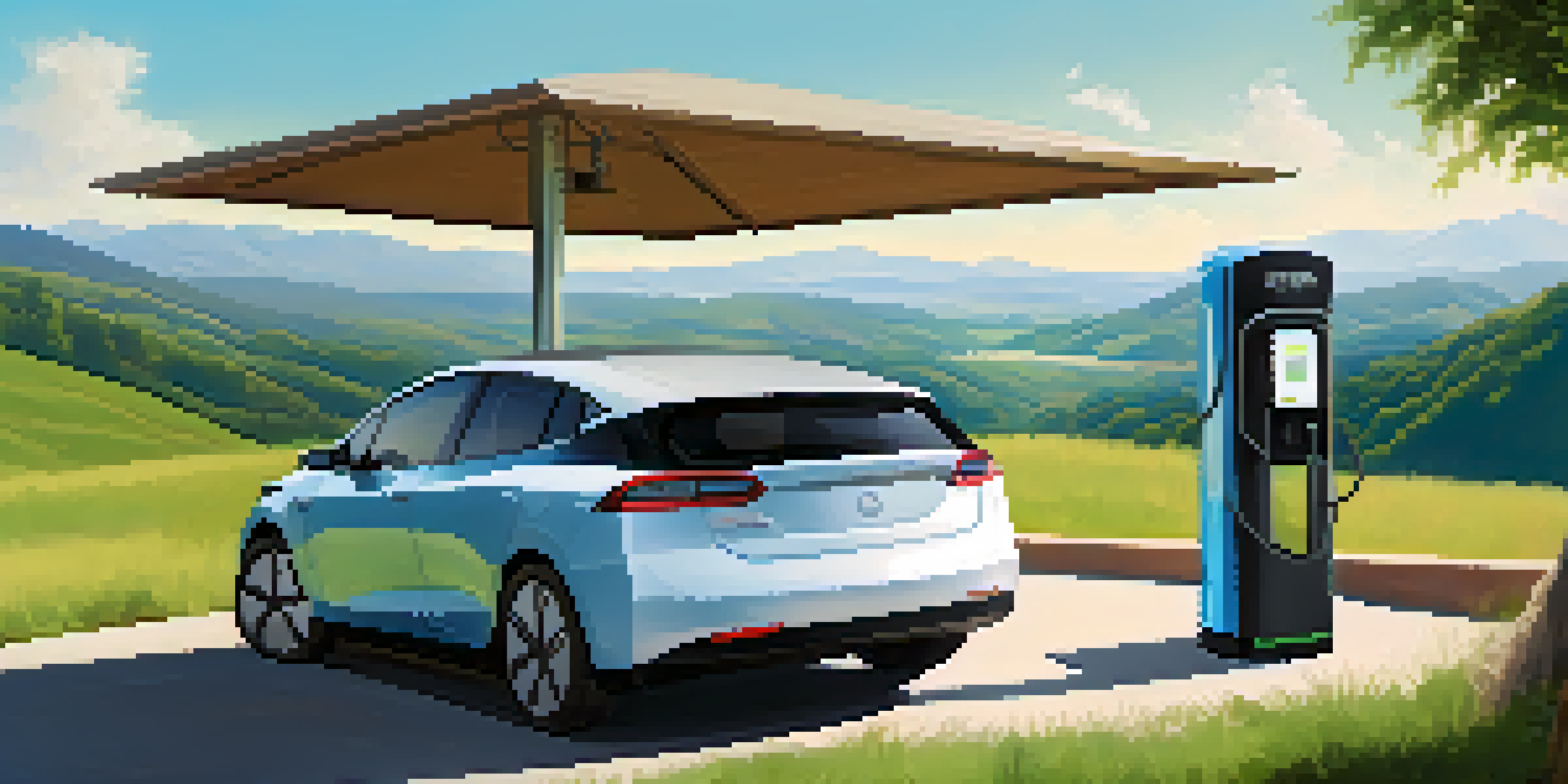 An electric vehicle parked at a scenic overlook with greenery and hills, showcasing a charging station.