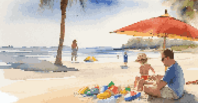 A young child playing with beach toys on a sandy beach while parents relax nearby under an umbrella.