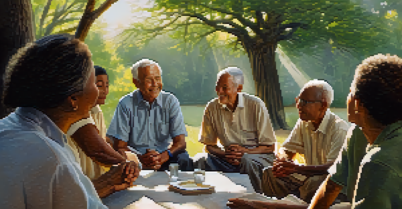 An elder sharing stories with listeners in a peaceful outdoor environment, with sunlight filtering through trees.