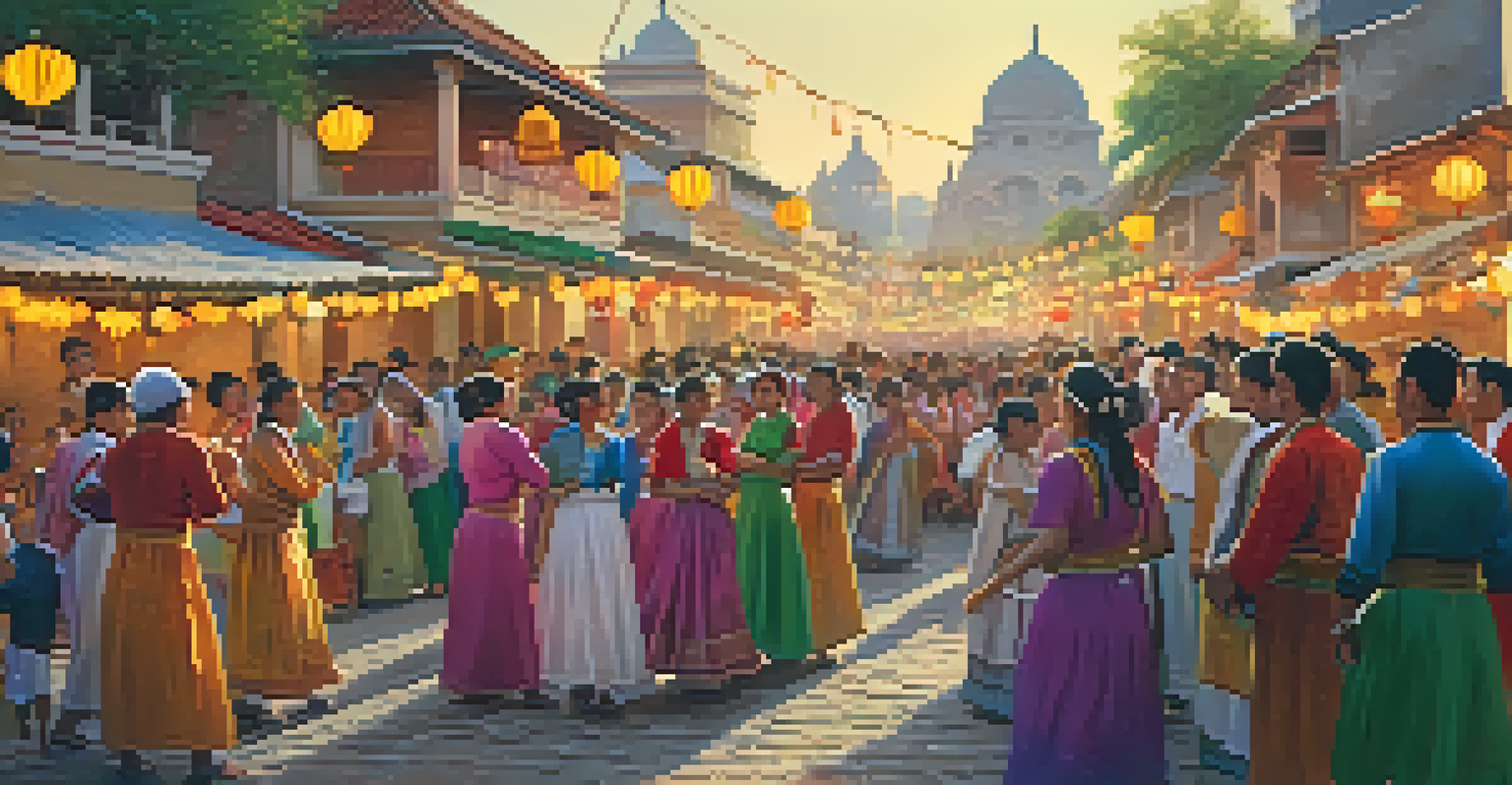 Tourists and villagers participating in a colorful local festival, engaging in traditional dances amidst vibrant decorations and costumes in a warm evening light.