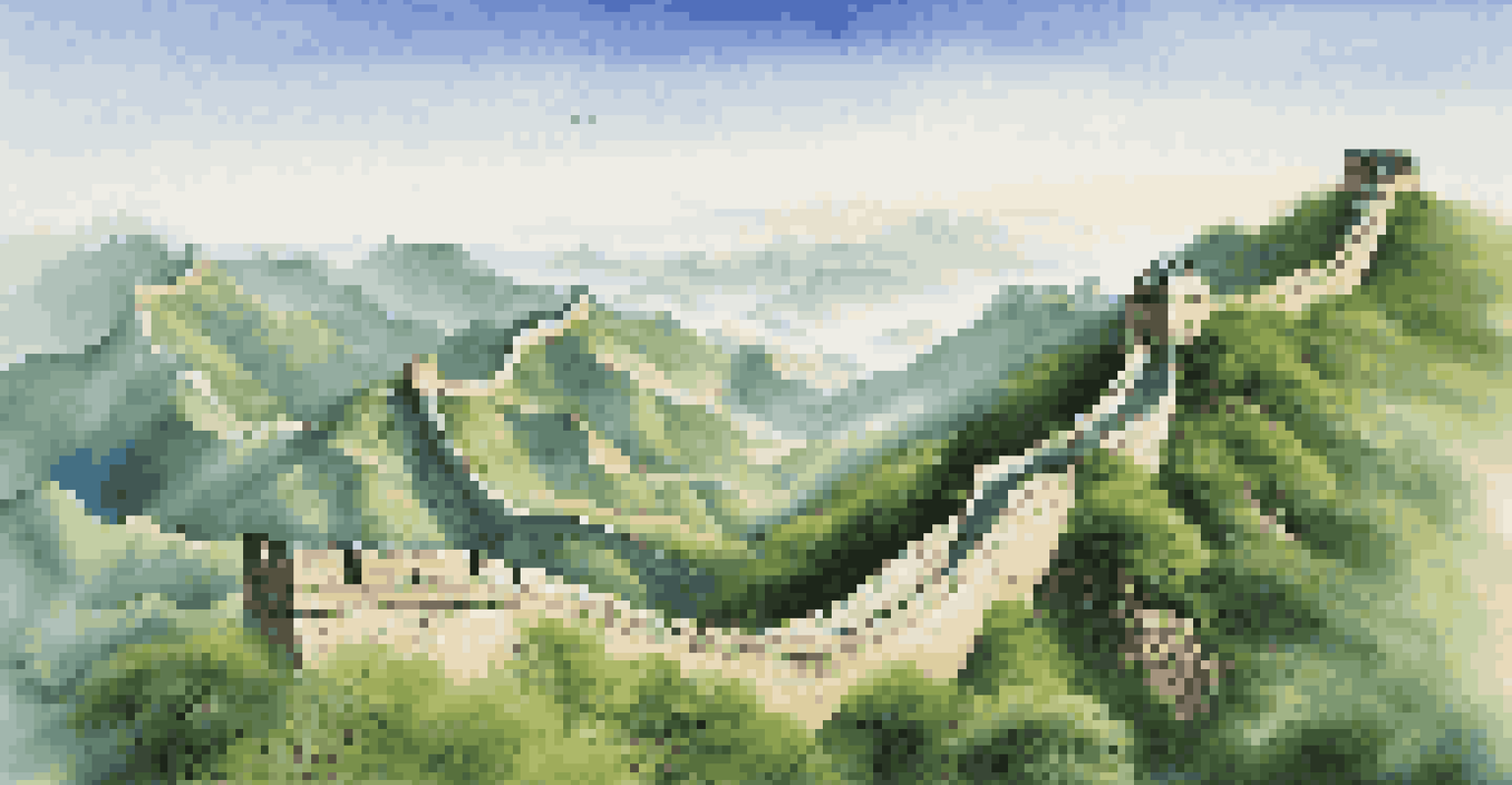 A panoramic view of the Great Wall of China amidst green mountains under a blue sky, highlighting the ancient stones and natural beauty.