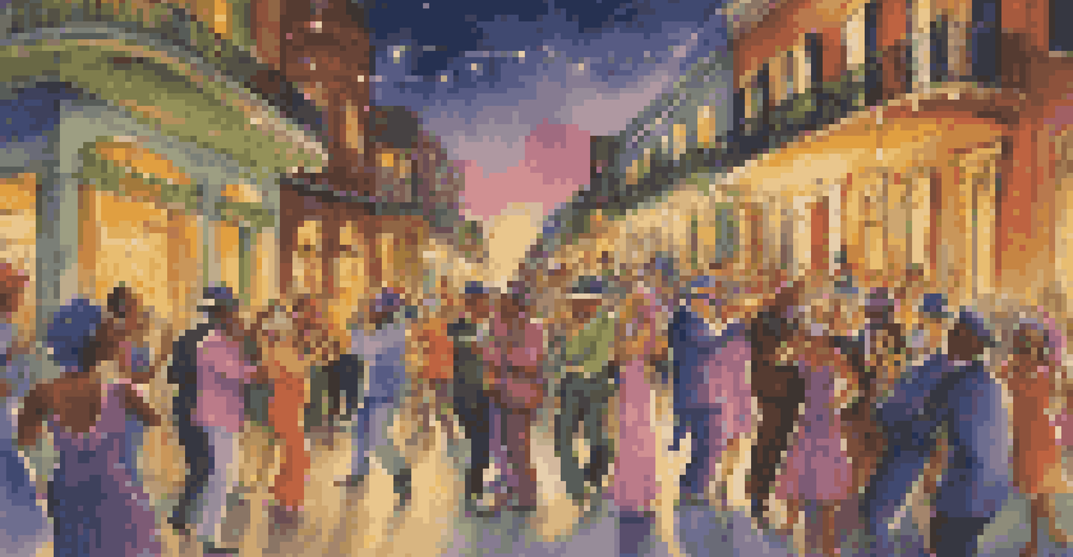 A lively street during Mardi Gras with musicians playing jazz and dancers in colorful costumes.