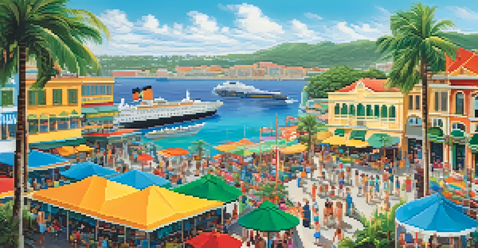 An aerial view of a colorful port city with a cruise ship docked, showing people enjoying local culture and vibrant buildings.