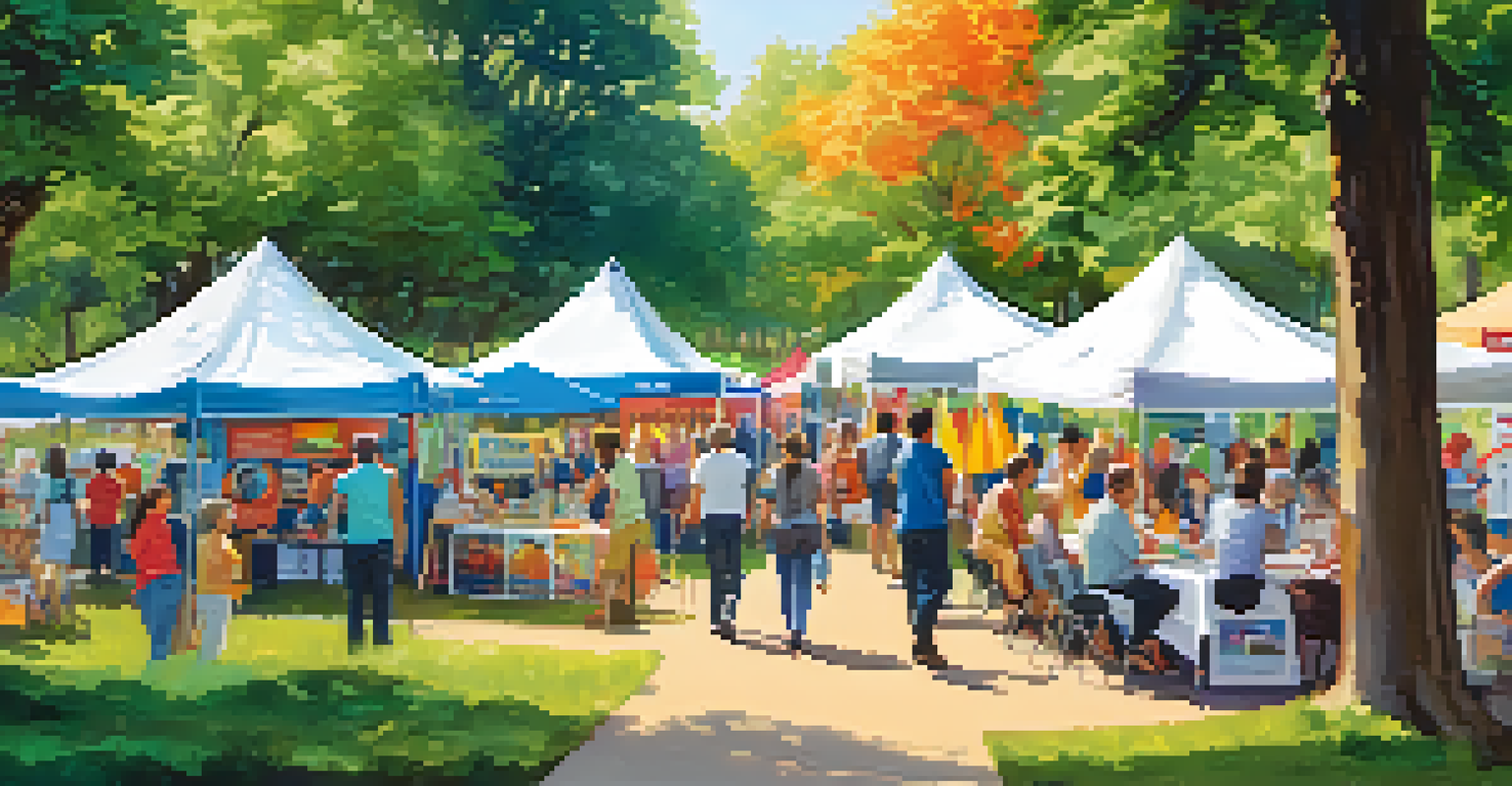 An outdoor travel insurance fair in a park, with people interacting with representatives and exploring brochures.
