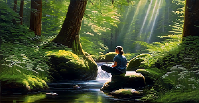 A person meditating on a rock in a sunlit forest, with greenery and a stream in the background.