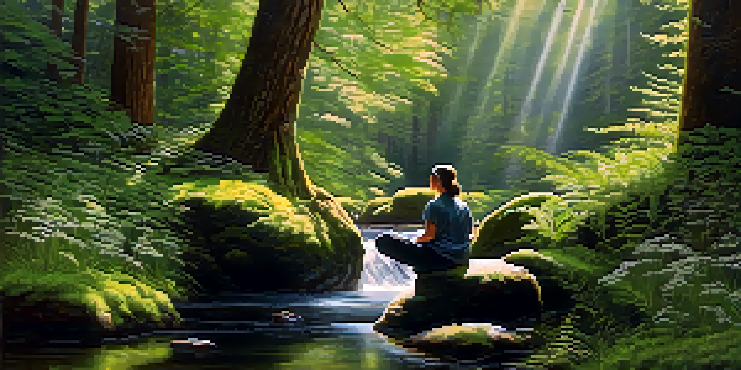 A person meditating on a rock in a sunlit forest, with greenery and a stream in the background.