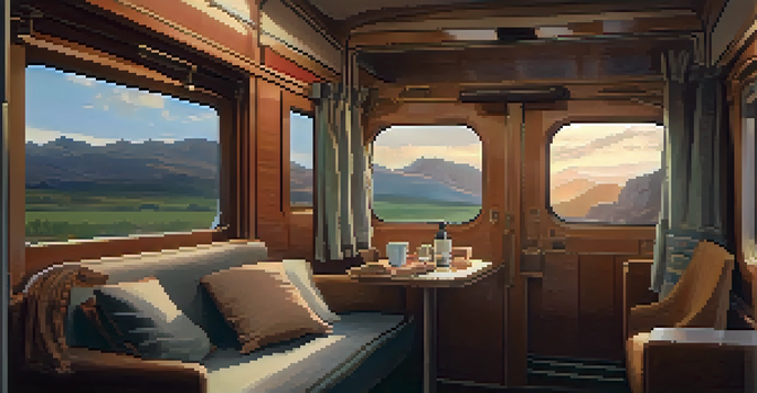 A passenger relaxes inside a train, using a travel pillow and blanket, with a reusable water bottle and a view of the landscape outside.