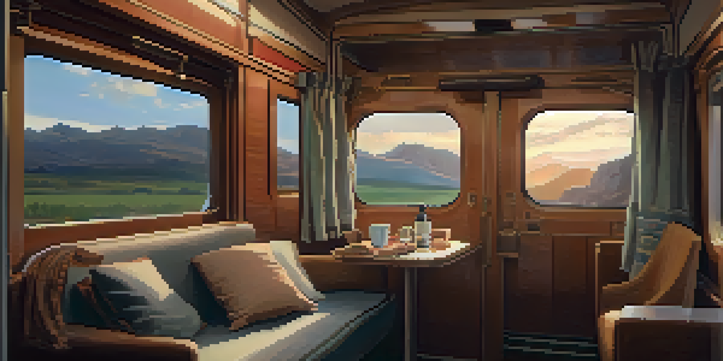 A passenger relaxes inside a train, using a travel pillow and blanket, with a reusable water bottle and a view of the landscape outside.