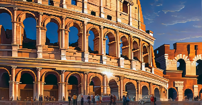 The Colosseum at sunset, with warm golden light illuminating its arches and walls, and tourists in the foreground.