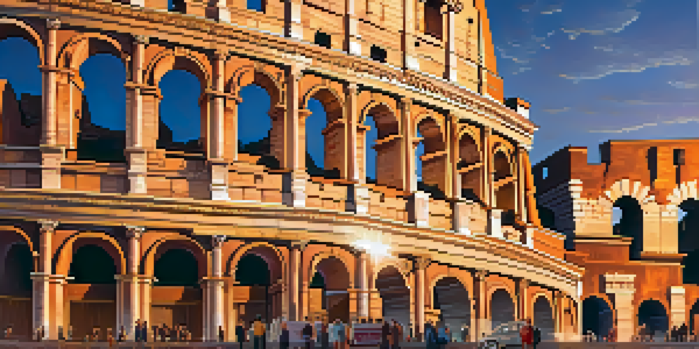 The Colosseum at sunset, with warm golden light illuminating its arches and walls, and tourists in the foreground.
