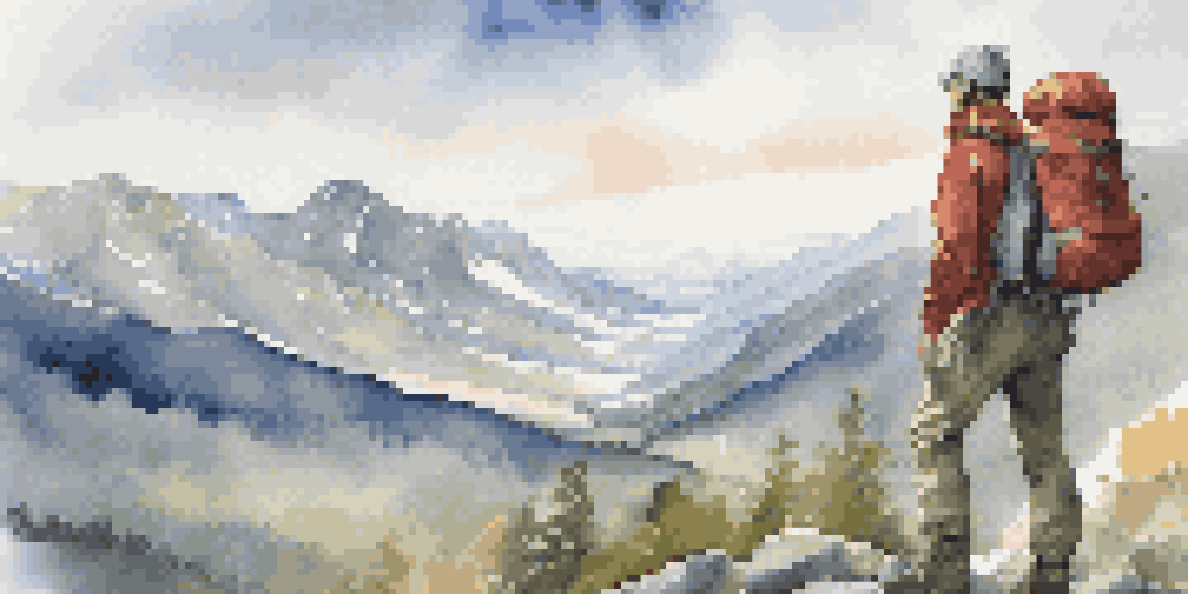 A hiker in layered clothing on a mountain trail with a scenic view of mountains and clouds in the background.