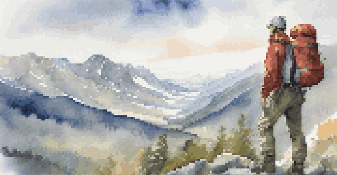 A hiker in layered clothing on a mountain trail with a scenic view of mountains and clouds in the background.