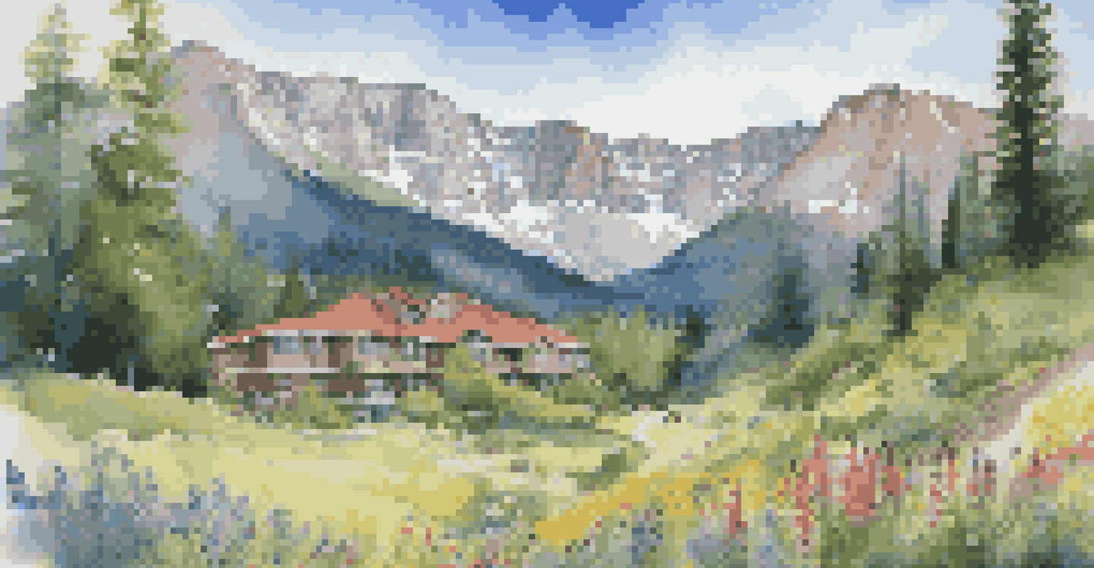 A couple hiking with their dog in a vibrant mountain landscape, with a pet-friendly hotel visible at the base of the Rocky Mountains.
