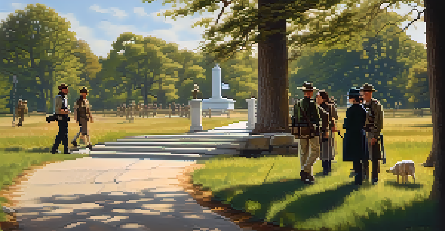 A diverse group of visitors on a guided tour in Gettysburg National Military Park, led by a park ranger.