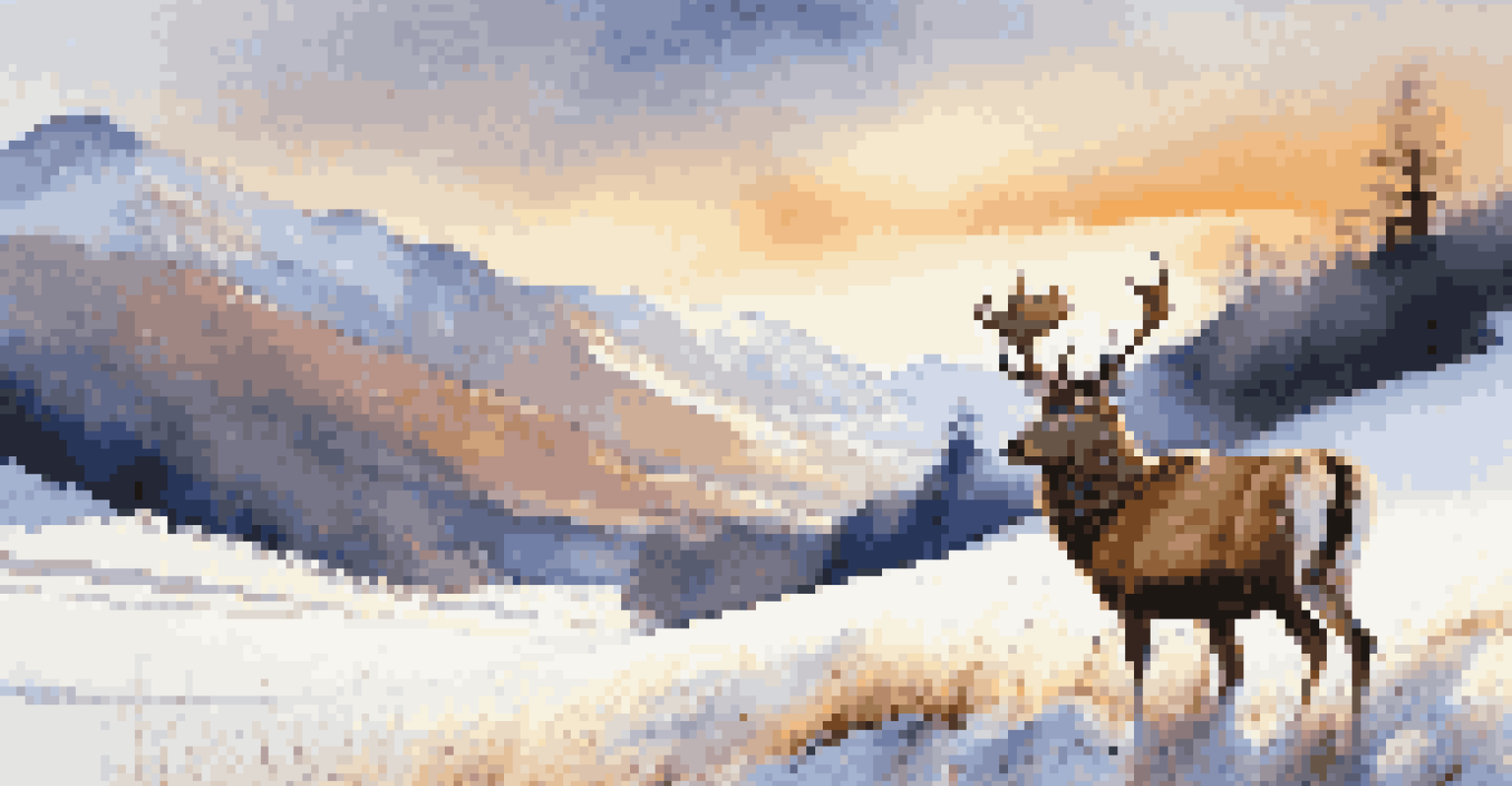 Red deer moving through a snowy landscape in the Scottish Highlands, with majestic mountains in the background and a golden sunset.
