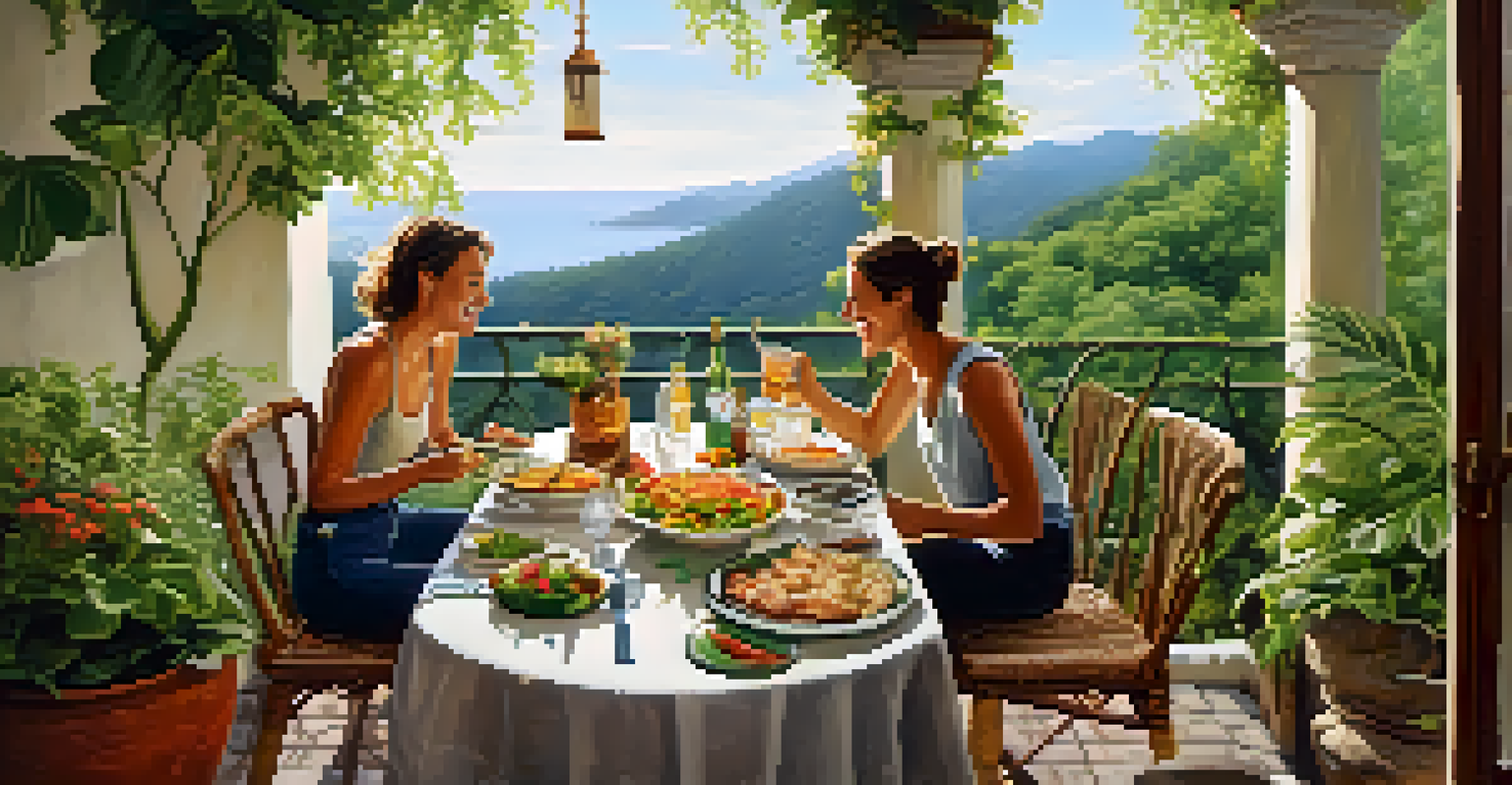 A traveler and host enjoying a meal on a terrace, surrounded by greenery, with a table full of local dishes, creating a warm and friendly atmosphere.