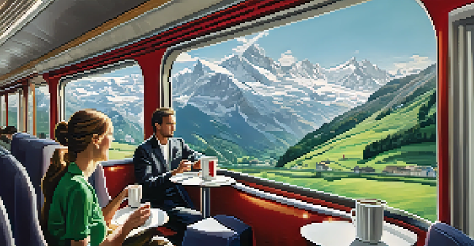 A scenic view from a train window showing the Swiss Alps with snow-capped peaks and green valleys, along with passengers inside the train enjoying hot chocolate.