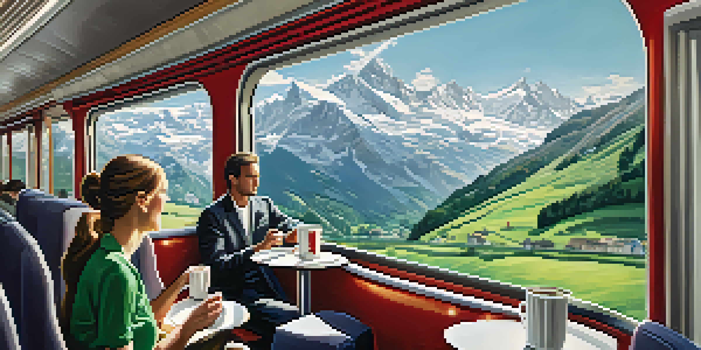 A scenic view from a train window showing the Swiss Alps with snow-capped peaks and green valleys, along with passengers inside the train enjoying hot chocolate.