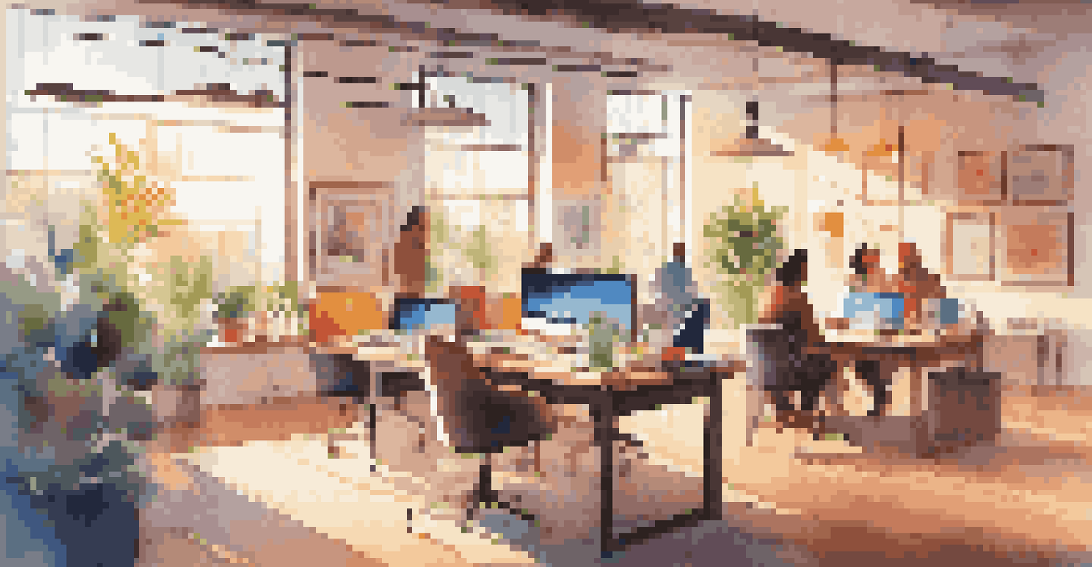 A colorful co-working space with a laptop on a desk, people collaborating in the background, and sunlight streaming through windows.