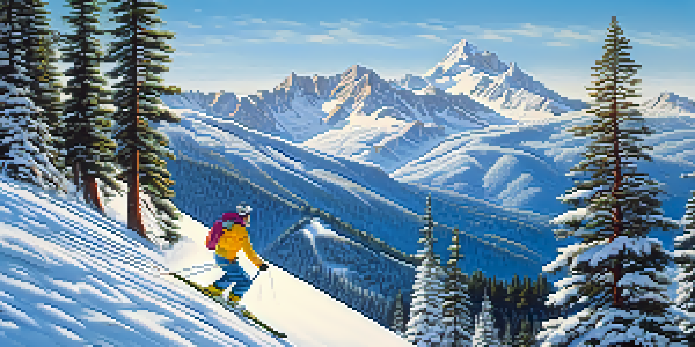 A picturesque winter scene with skiers on a snowy slope and mountains in the background.