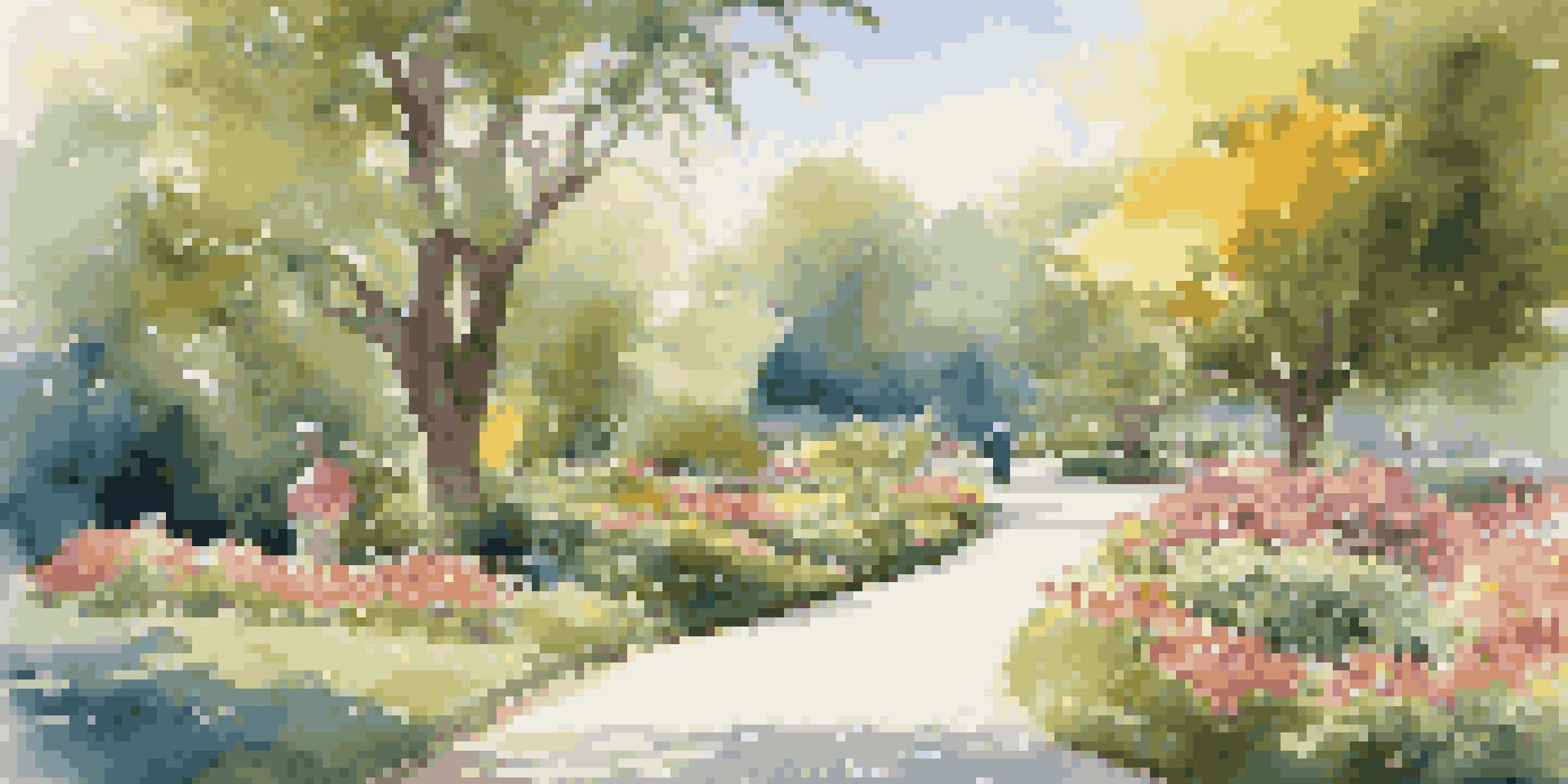 A peaceful park with elderly people walking along a winding path surrounded by colorful flowers and greenery, illuminated by soft sunlight.