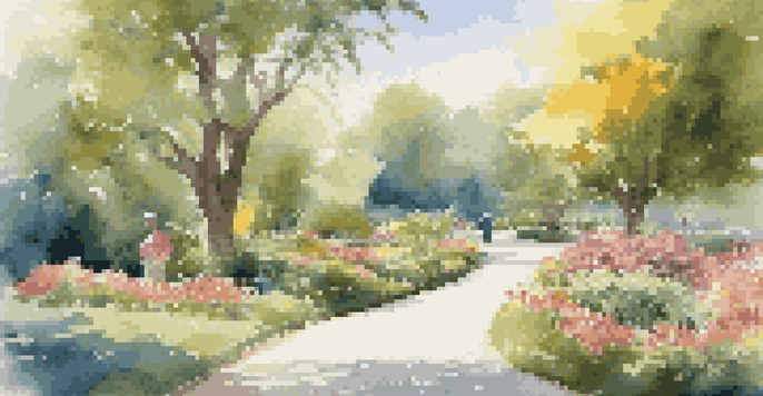 A peaceful park with elderly people walking along a winding path surrounded by colorful flowers and greenery, illuminated by soft sunlight.