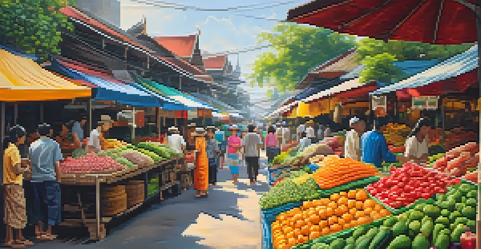 A busy outdoor market in Thailand with colorful stalls and people shopping for fresh produce and street food.