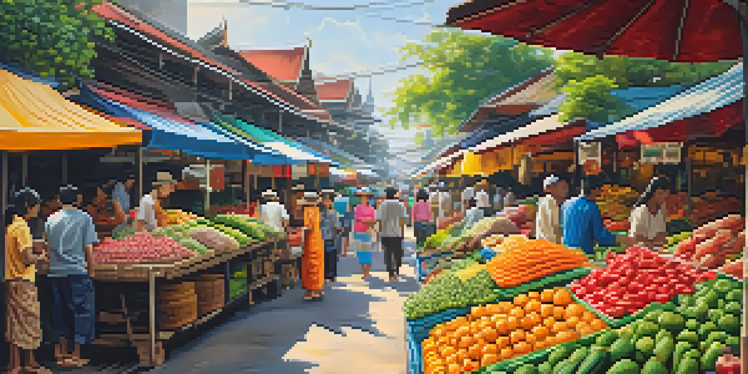 A busy outdoor market in Thailand with colorful stalls and people shopping for fresh produce and street food.