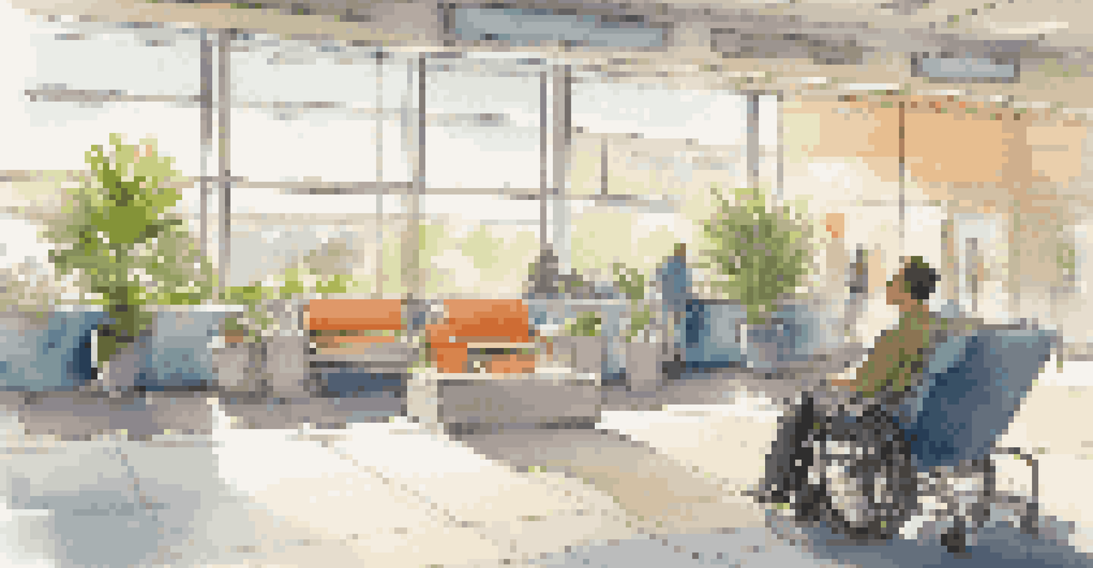 A tranquil airport lounge with comfortable seating and charging stations, where a person with a mobility aid relaxes before their flight.