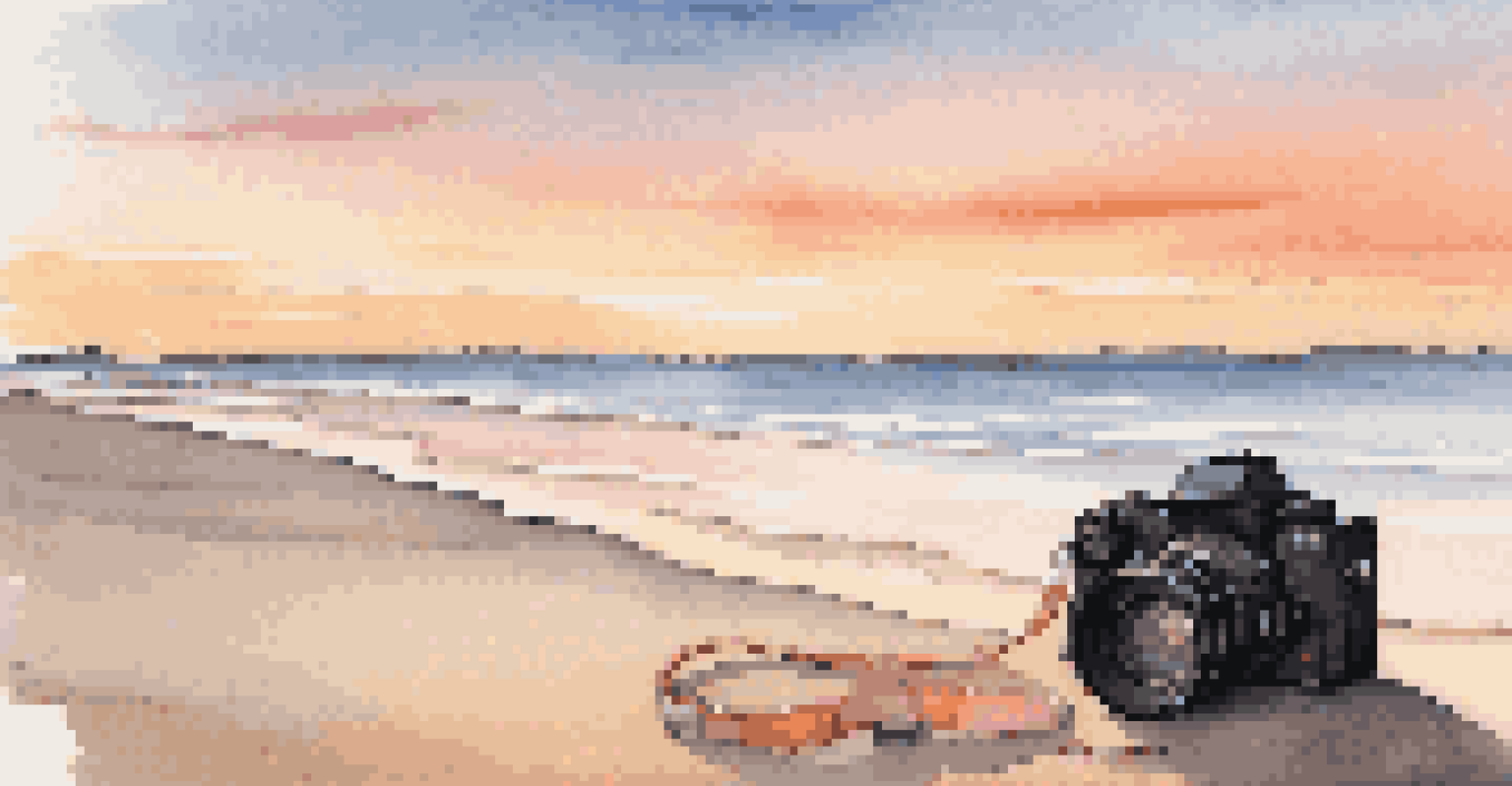 A minimalist photography setup on the beach at sunset, featuring a single camera with a zoom lens and a compact reflector against a backdrop of vibrant sunset colors.