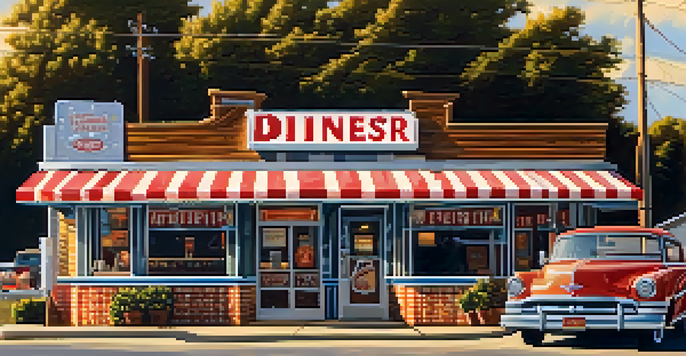 A colorful roadside diner with a neon sign, showcasing a plate of biscuits and gravy on a table with a checkered tablecloth, illuminated by warm sunlight.