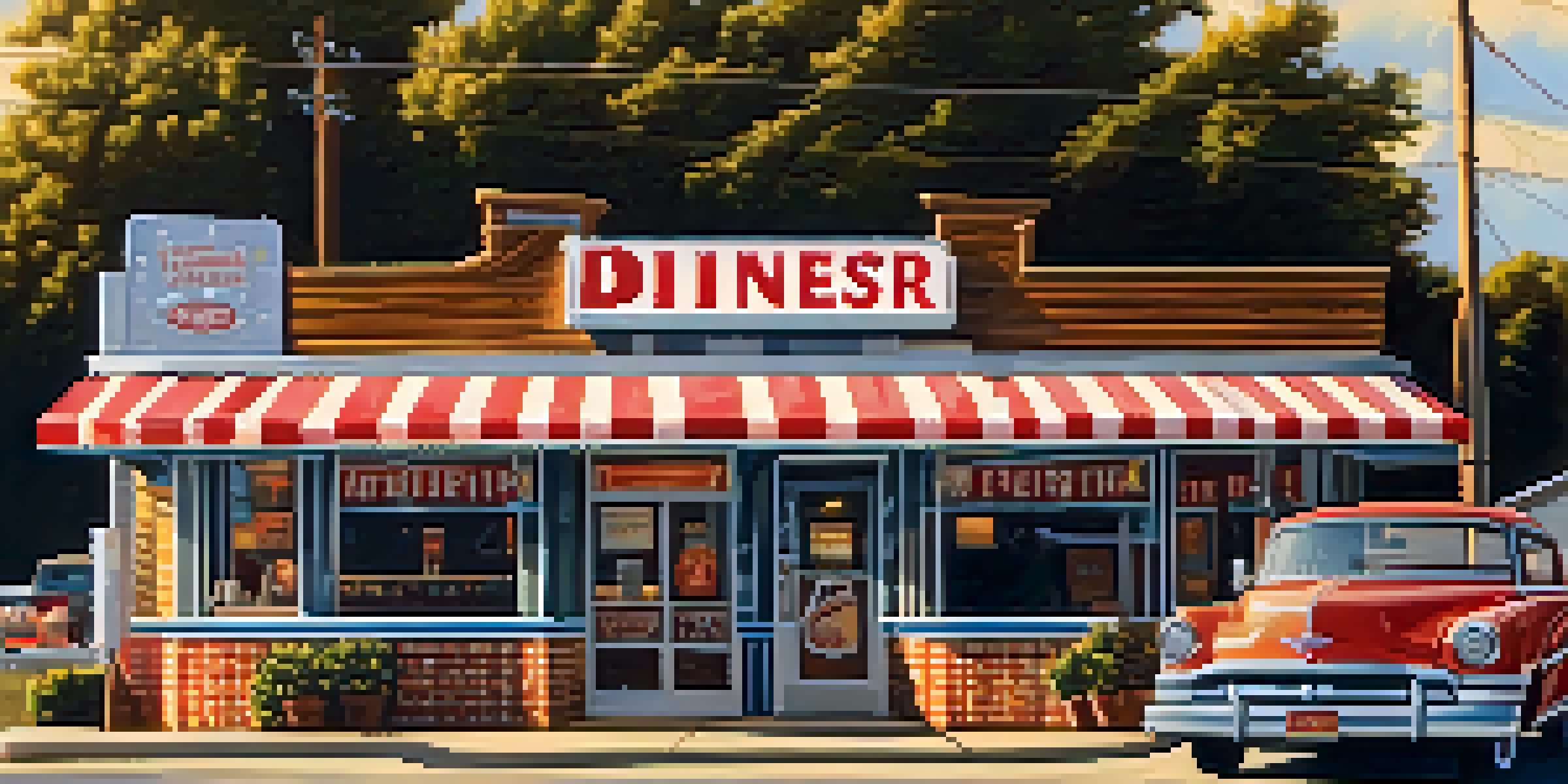 A colorful roadside diner with a neon sign, showcasing a plate of biscuits and gravy on a table with a checkered tablecloth, illuminated by warm sunlight.
