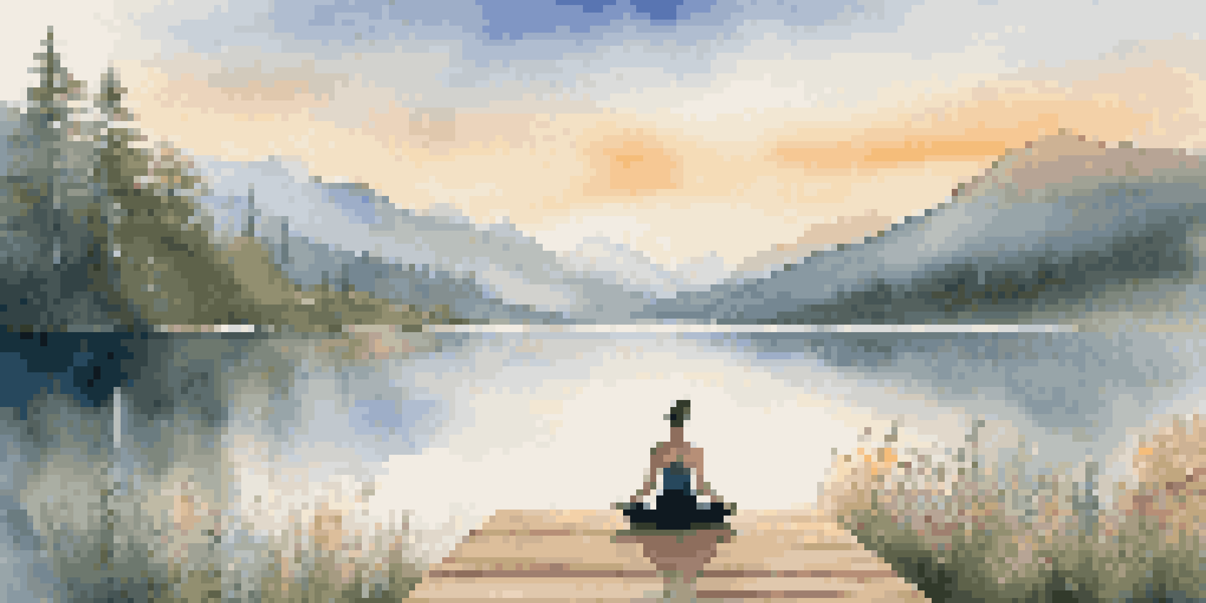 A person practicing yoga on a deck by a tranquil lake, with mountains in the background and a beautiful sunrise.