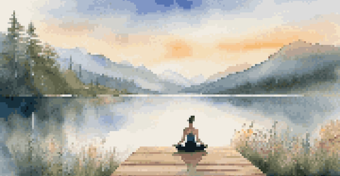 A person practicing yoga on a deck by a tranquil lake, with mountains in the background and a beautiful sunrise.
